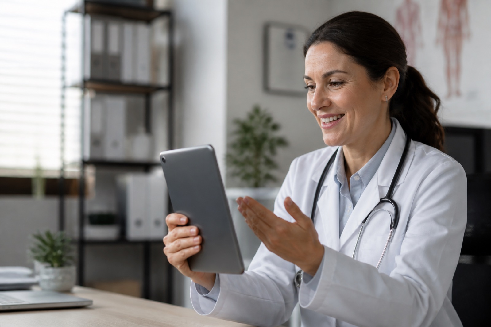 Doctor holding a tablet during a telehealth video consultation