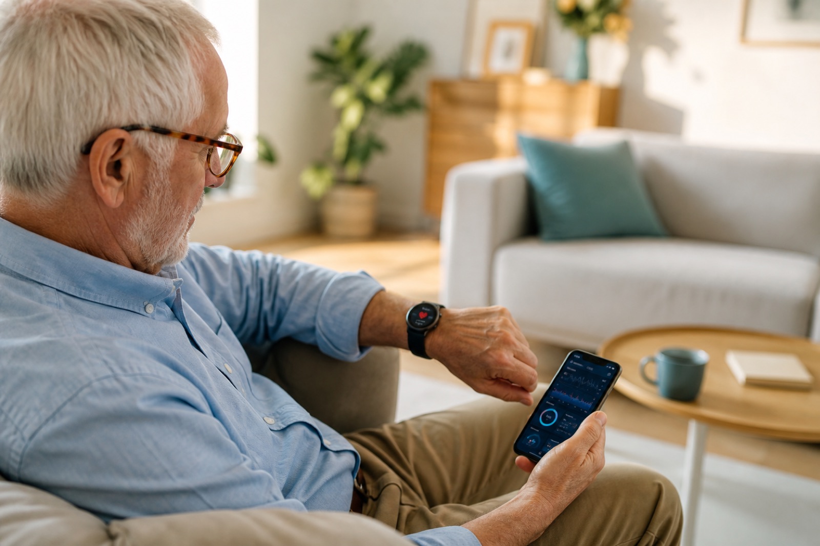 Older man at home checking health readings on his smartwatch