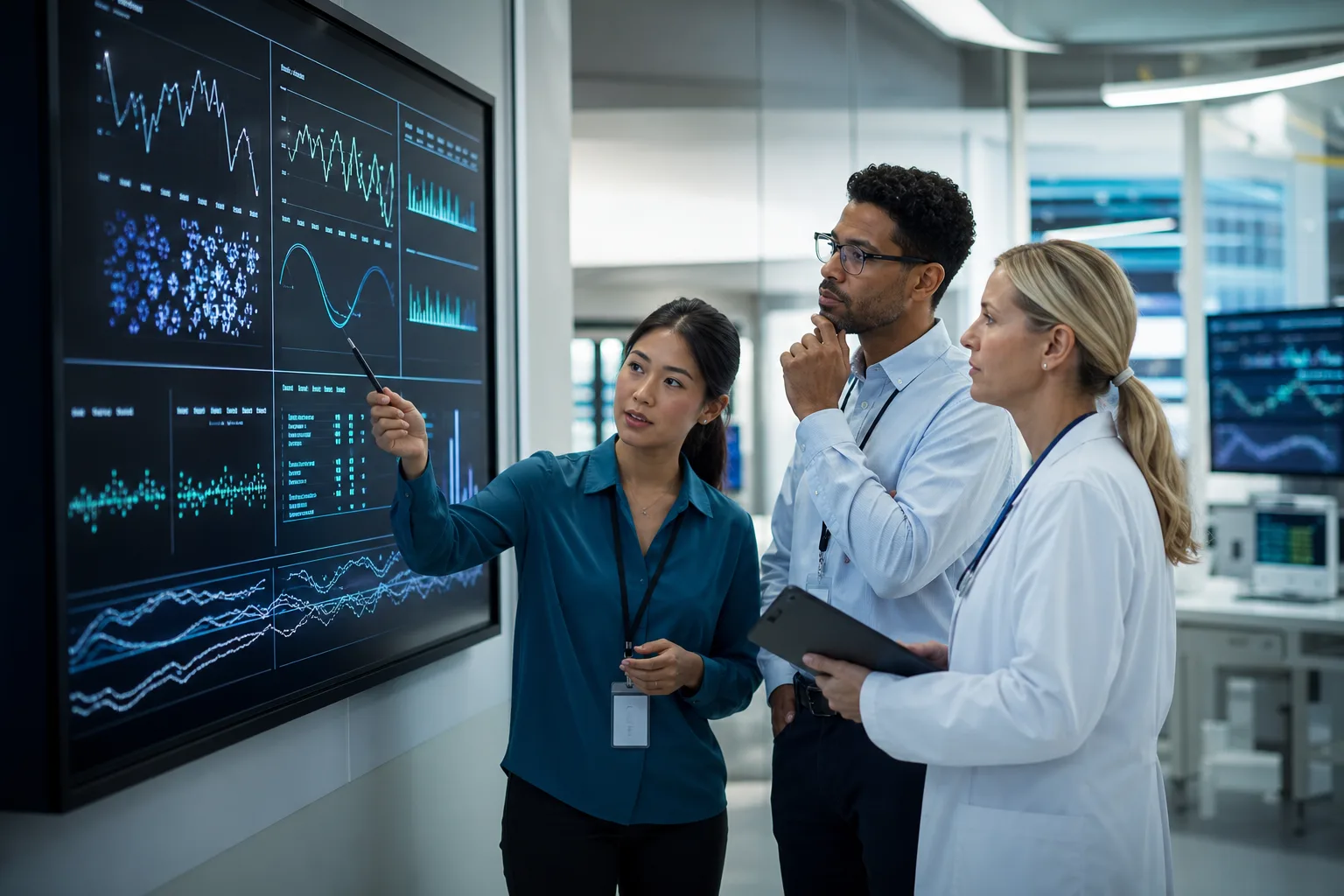 Digital health team reviewing abstract live monitoring charts